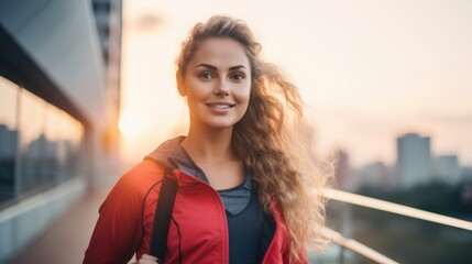 A beautiful young woman with a radiant smile, wearing a red athletic jacket, stands outdoors in the morning light, ready for an invigorating run.
