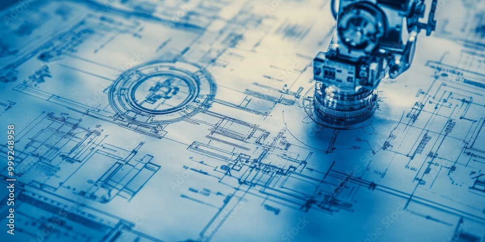 Fototapete macro shot of a robotic engineering blueprint, featuring intricate design details and specifications