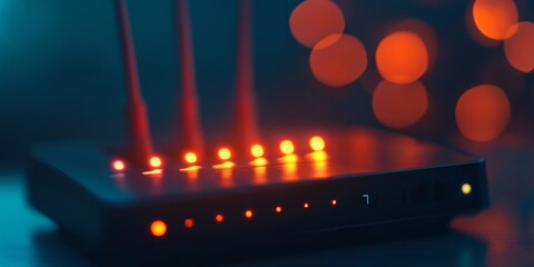 a Wi-Fi router, with glowing signal indicators and antennas broadcasting wireless network signals, representing reliable wireless connectivity.