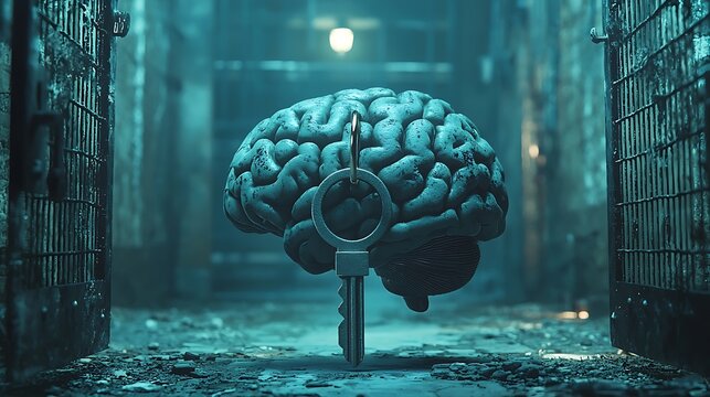 A brain becomes a key in a grungy alleyway, a metaphor for unlocking the mind's mysteries.