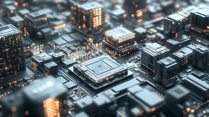 A 3D visualization of a high tech residential complex with buildings shaped and textured to resemble large microchips showcasing interconnected pathways and metallic finishes