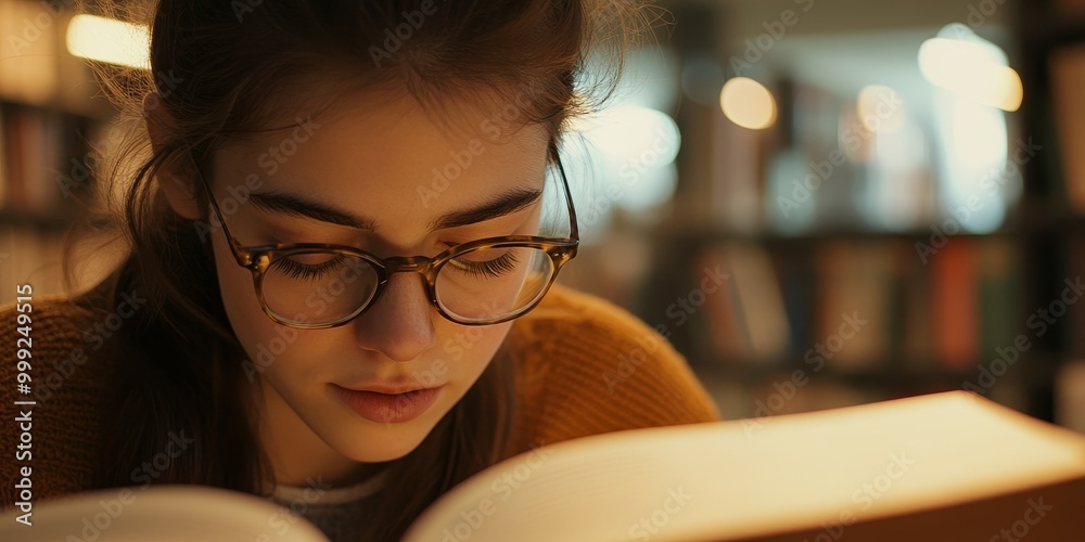Poster a student studies in a library, with a close-up on their focused face and open book, as soft lightin