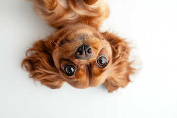 Naklejka premium Adorable brown puppy with soulful eyes lying on its back on a white background.