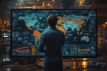 Man Looking at a World Map on a Large Screen