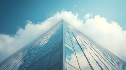 Futuristic skyscraper with a sleek reflective glass facade piercing through the clouds against a bright blue sky  The sharp architectural lines and minimalist design create a modern