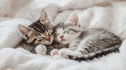 Couple kittens in love kiss sleep together hug on white fluffy bed plaid. 2 two cats hugging with paws in sleep relax at home. Kitten pet animal valentine day banner copy space.