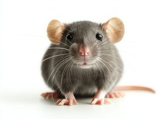 Close-up of a cute gray mouse with large ears and whiskers on a white background.