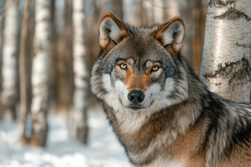 Fototapeta premium A majestic grey wolf stands alert in a snow-covered birch forest, showcasing its striking fur and piercing eyes.
