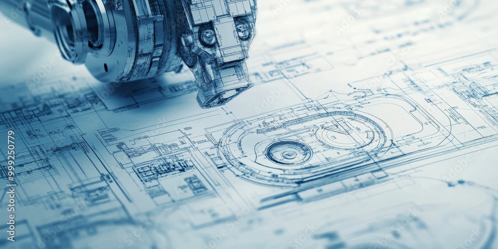 Aufkleber Macro shot of a robotic engineering blueprint, featuring intricate design details and specifications for a new robotic project in development.
