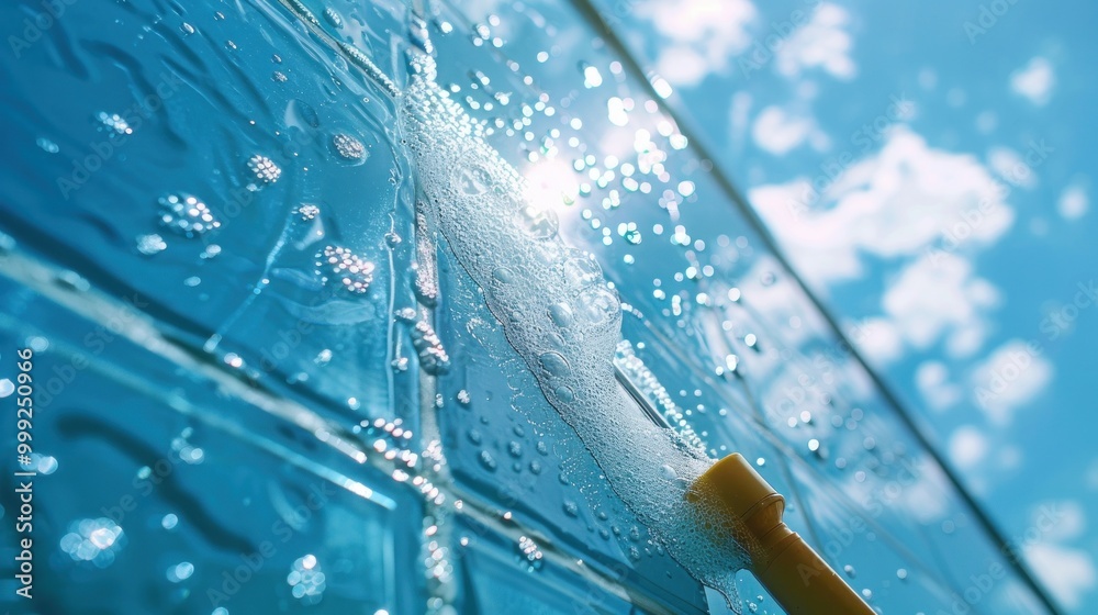 Wall mural water spraying on a blue tile wall