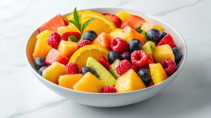 A colorful fruit salad mixed with berries, melons, and citrus fruits, served in a bowl, showcasing a balanced and refreshing assortment.