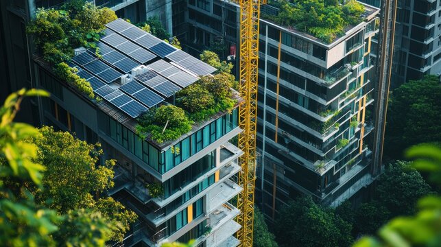 A green building under construction, with solar panels, green roofs, and sustainable materials, representing the modern approach to environmentally conscious development.