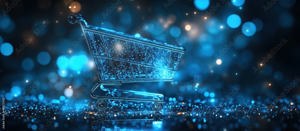 Sticker 3d rendering of a blue shopping cart made of digital code on a dark background with blue bokeh light