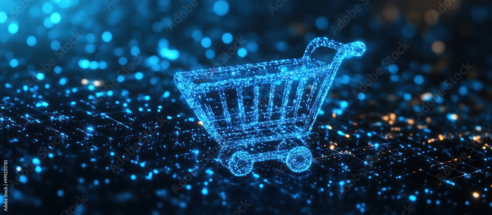 Canvas Prints digital shopping cart made of glowing particles on a dark background.