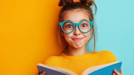 Happy young girl in glasses reading a book with enthusiasm and curiosity