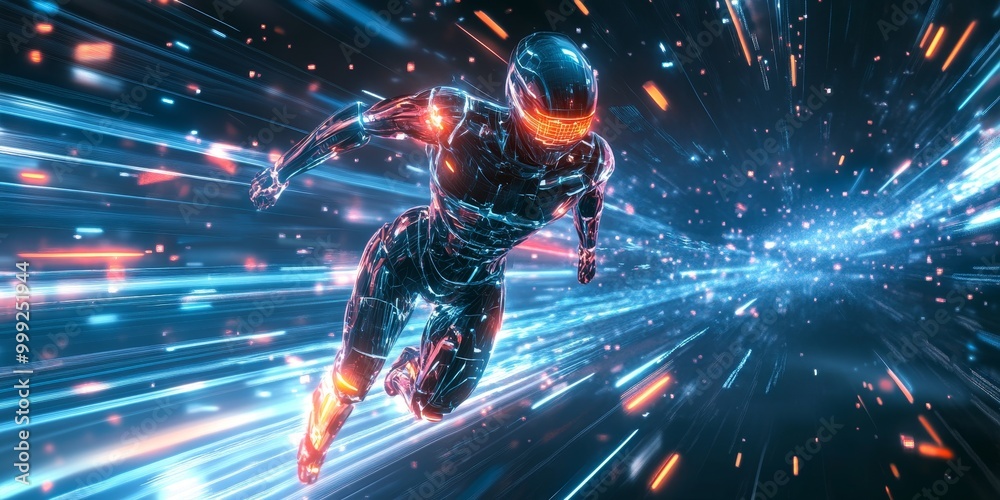 Poster A robotic figure in motion within a cyberpunk world, showcasing sleek design, glowing neon elements, and advanced AI functionality.