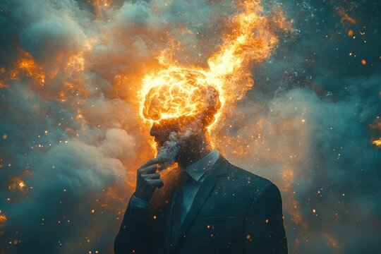 A man in a suit with an exploding head, smoke and fire coming out of his brain, cloud background, concept art for stress at work, hyper-realistic style
