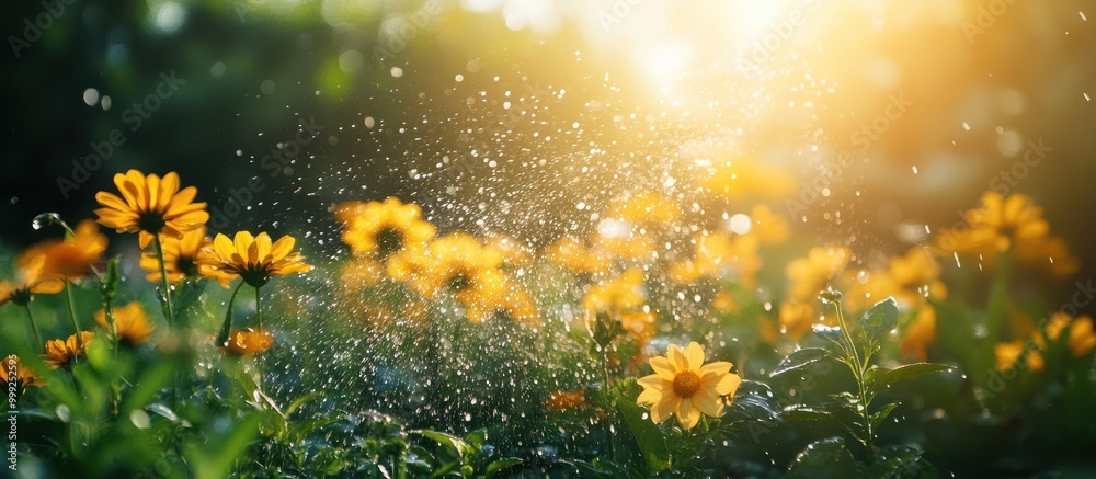 Canvas Prints Sunlight shines through water droplets on yellow wildflowers.