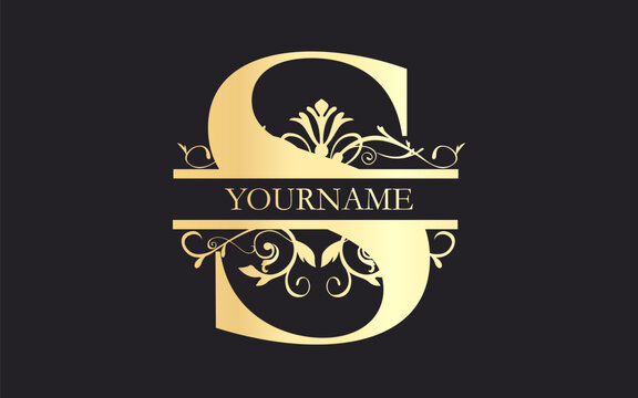 Initial  S floral Split Letter Monogram,luxury Wedding invitation Monogram Design,gold color on black background