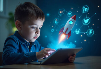 Kid boy using digital tablet, blue hud with rocket launch and different icons, social media and network connection