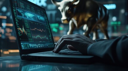 Investor analyzing stock market data on laptop, focusing on bullish trends. Financial growth and investment strategies highlighted amidst market volatility, enhancing portfolio performance.