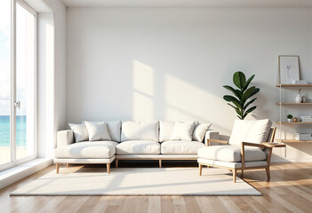 White living room interior with sofa and armchair, shelf with art decoration, carpet on hardwood floor. Panoramic window on tropics. Mockup copy space wall