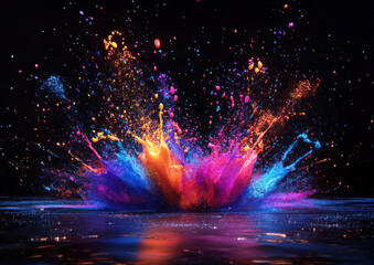 Vibrant explosion of colorful powder splash against a dark background.