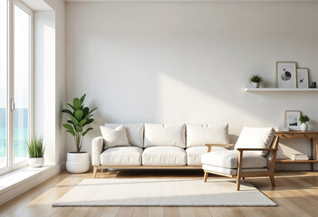 White living room interior with sofa and armchair, shelf with art decoration, carpet on hardwood floor. Panoramic window on tropics. Mockup copy space wall