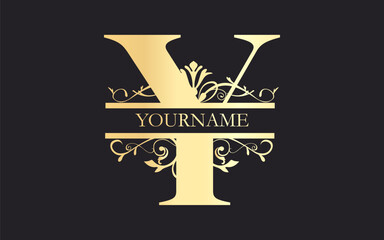 Initial  Y floral Split Letter Monogram,luxury Wedding invitation Monogram Design,gold color on black background