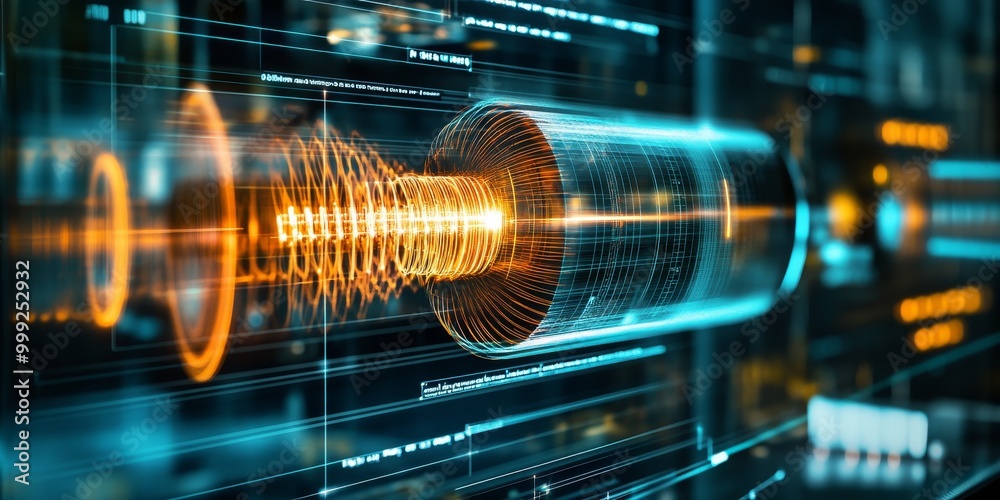 Poster an induction coil generating current, with changing magnetic flux and induced EMF visible on an oscilloscope.