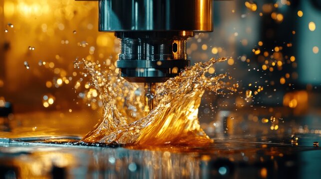 Close-up of a CNC milling machine, oil coolant splashing as it precisely cuts shell mold parts, showing the smooth lubrication process.