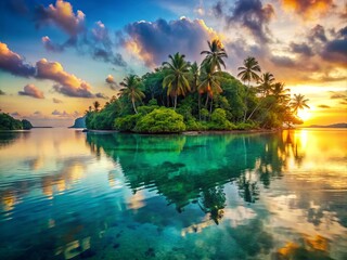 Obraz premium Calm turquoise waters reflect the vibrant colors of the golden sunrise as it spills across the horizon of a serene tropical island surrounded by lush green forests and coconut trees.