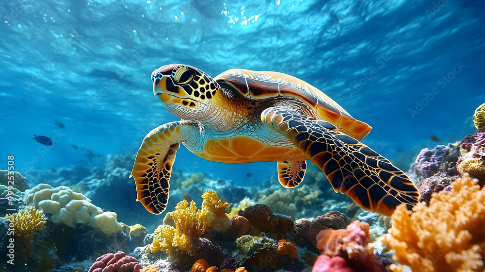 Wall mural Sea Turtle Swimming Through Coral Reefs