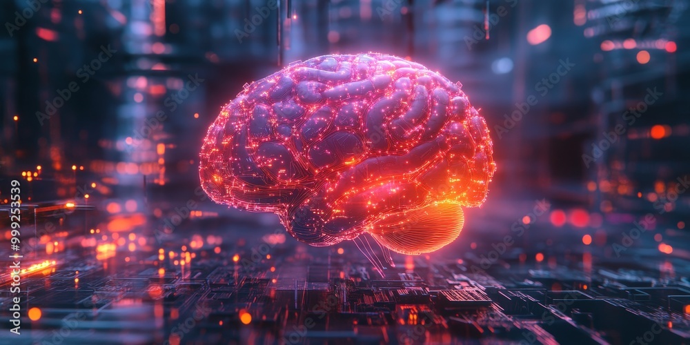 Poster a glowing AI brain in a cyberpunk setting, with intricate neural networks, data streams, and futuristic tech aesthetics.