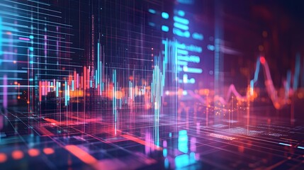 Abstract Digital Grid with Neon Lights and Data Visualizations