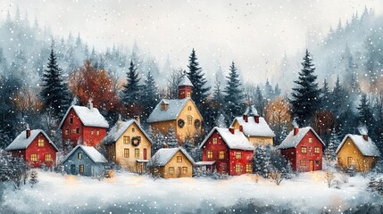 Fototapeta premium Festive Winter Village Create a Christmas background featuring a snowcovered village with colorful houses