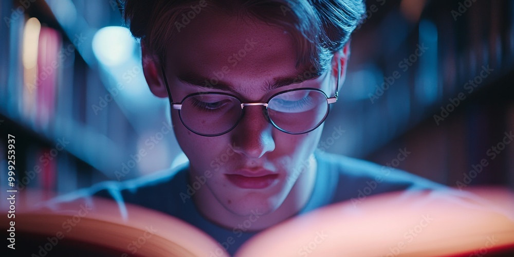 Poster a student studies in a library, with a close-up on their focused face and open book, as soft lightin