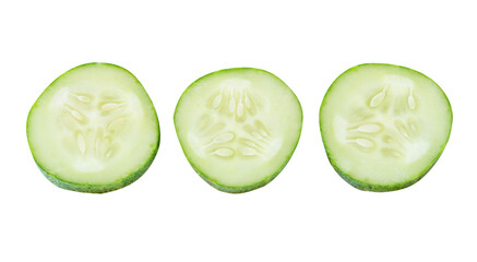Top view set of fresh green cucumber slices in circle shape isolated with clipping path in png file format