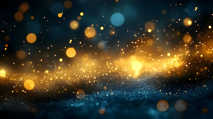 Obraz premium Golden Glitter Sparkles on a Dark Background, Abstract Bokeh Lights