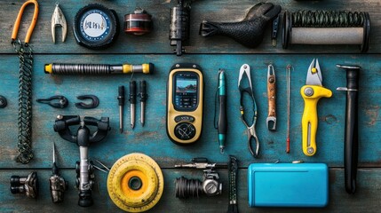 Fishing accessories like pliers, line cutters, and fish finders, all laid out to emphasize the additional tools needed for a successful catch.