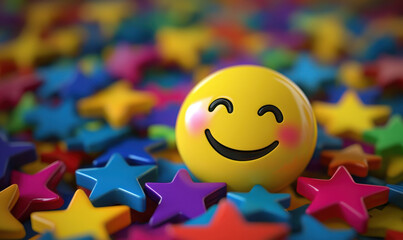 Cheerful yellow smiley face amidst colorful stars, radiating happiness.