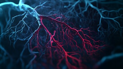 Captivating Capillary Network Intricate blood vessel aglow in subtle red and blue tones