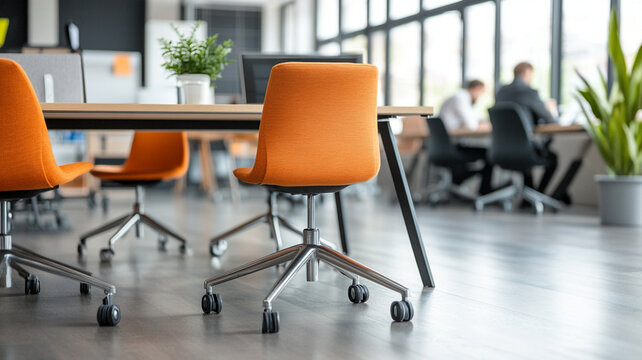 Modern office interior featuring orange chairs and spacious layout, creating vibrant and productive atmosphere. design encourages collaboration and creativity