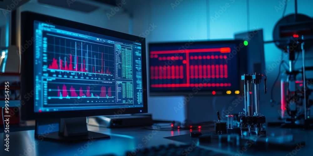 Poster digital data streaming from sensors during an experiment, with graphs and numerical readings displayed on a monitor.