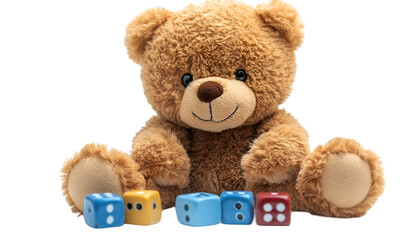 Obraz premium A teddy bear surrounded by colorful dice pieces, set against a sleek black background. 