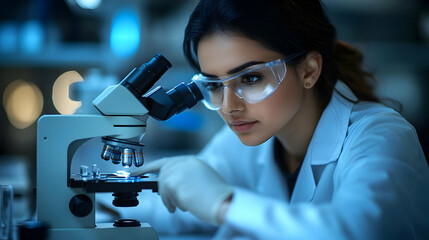 Scientist Examines Sample with Microscope in Lab