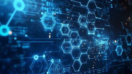 Abstract digital network with glowing blue hexagons and lines