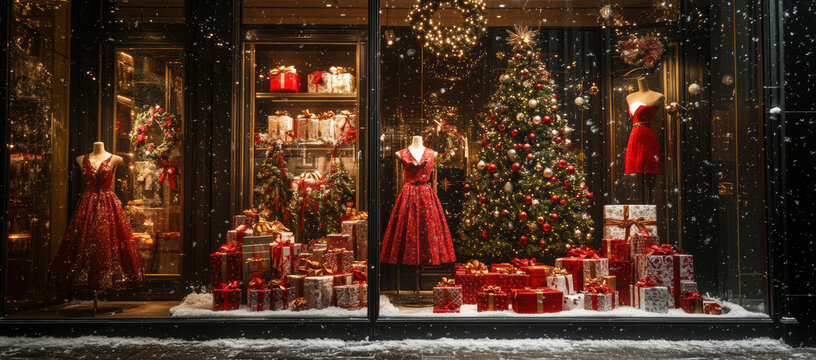 Festive holiday window display with red dresses, gift boxes, and a decorated Christmas tree. - Powered by Adobe