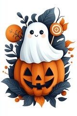 Whimsical Halloween ghost with pumpkin and colorful accents, perfect for festive decorations or holiday-themed designs.