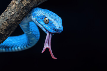 Fototapeta premium Vibrant blue snake with scales, tongue out, hangs from a tree branch against a dark background.